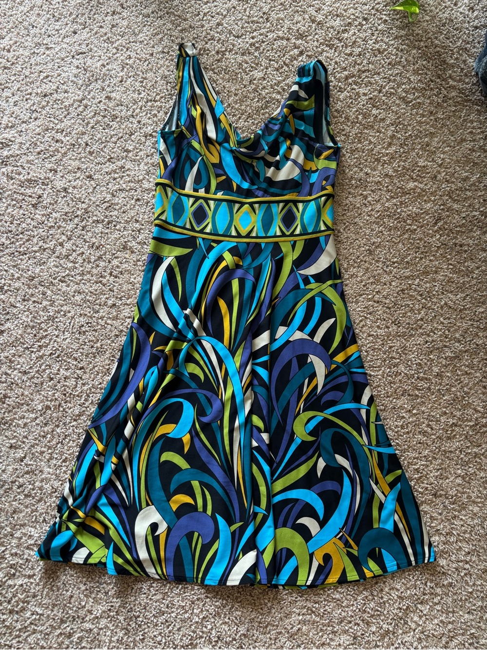 Maggy London Multicolor Abstract Swirl A-Line Dress - Blue/Green/Yellow